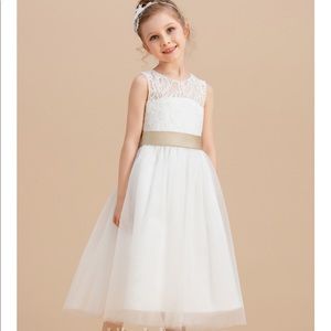 A-Line/Princess Tea-length Flower Girl - Tulle/Lace Sleeveless Neck Sash bow